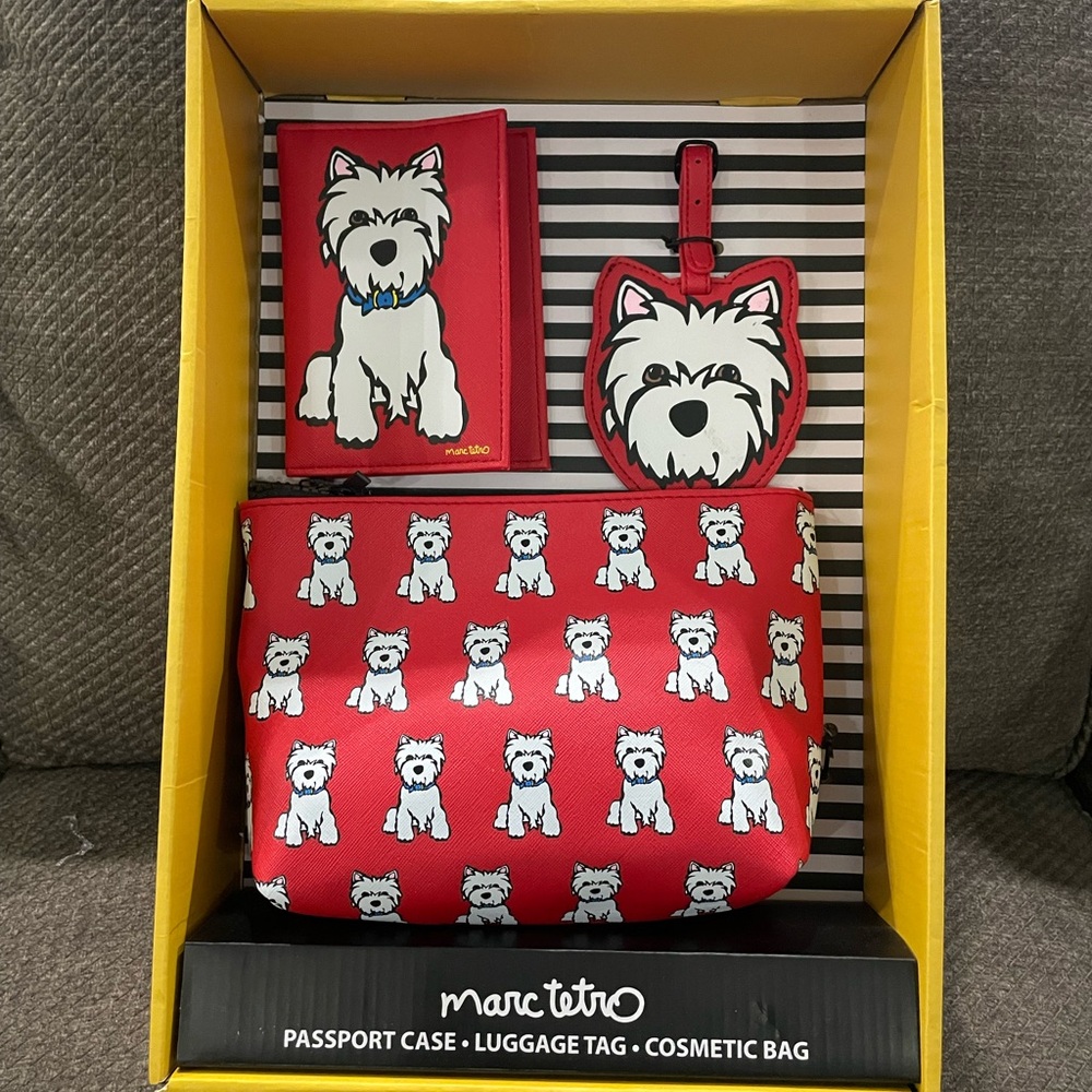 Marc Tetro passport case, luggage tag, and cosmetic case